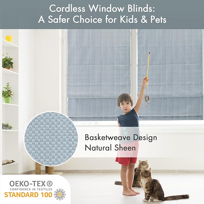 Madison Park Galen Cordless Roman Shade, 39"W x 64"H, Sheen Blue – Room Darkening, Thermal Insulated, Energy Efficient Window Blind with Subtle Sheen Basketweave Fabric for Privacy