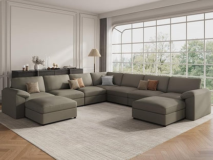 EASE MOOSE Oversized U Shaped Couch,Modular Sectional Convertible Sofa with Wide Deep,Extra Large Faux Leather Scratch Resistant Modern Couch for Big Spaces Living Room,Light Grey