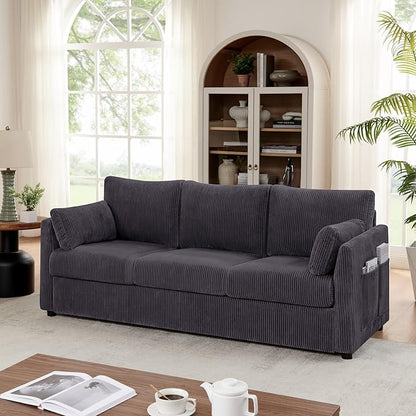 79 inch Sofa for Living Room,Mid Century Modern Couch with Big Pockets, Corduroy Couch with Three Cushions and Solid Wood Frame for Apartment and Small Spaces (Grey, Sofa)