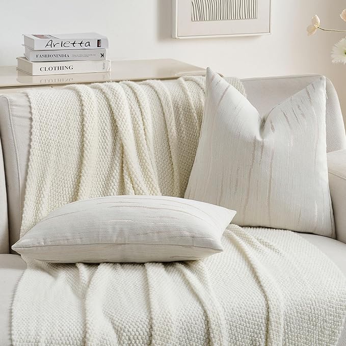 FUTEI Cream Chenille Decorative Throw Pillow Covers 26x26 Inch Set of 2,Soft Embossed Striped Textured Euro Pillow Shams,Modern Home Decor for Couch Bed Living Room