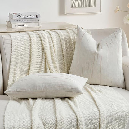 FUTEI Cream Chenille Decorative Throw Pillow Covers 26x26 Inch Set of 2,Soft Embossed Striped Textured Euro Pillow Shams,Modern Home Decor for Couch Bed Living Room