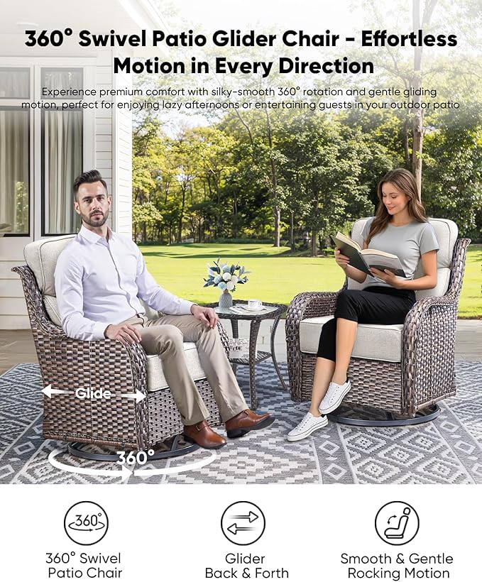 HUMMUH Wicker Patio Furniture Set with Patio Swivel Chairs Set of 4 and 50,000 BTU Fire Pit Table,6 Inch Thick Cushions High Back Outdoor Swivel Rocker Chairs Set for Porch, Balcony, Deck
