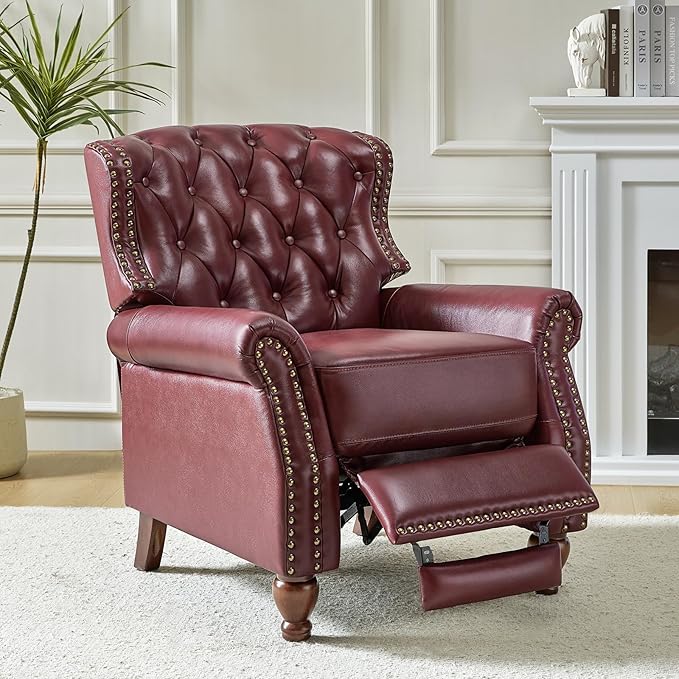 HULALA HOME Genuine Leather Recliner Chair with Solid Wood Feet, Modern Adjustable Tufted Push Back Arm Chair w/Rivet Decoration, Home Theater Seating Single Reclining Sofa for Living Room, Burgundy
