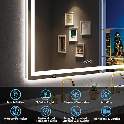 72x36 Inch LED Bathroom Mirror with Lights Front and Backlit Lighted Vanity Mirror for Bathroom Wall with 3 Colors Dimmable Anti-Fog Memory Shatter-Proof IP54 Waterproof Horizontal/Vertical