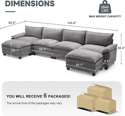 147 Inch Big Comfy Couch with Ottoman, 6 Seat U Shaped Couches, Cloud Modular Sectional Sofa, Modern Cloud Couch Sectionals, Sectional Couches for Living Room, Oversize Deep Seat Sofa, Grey