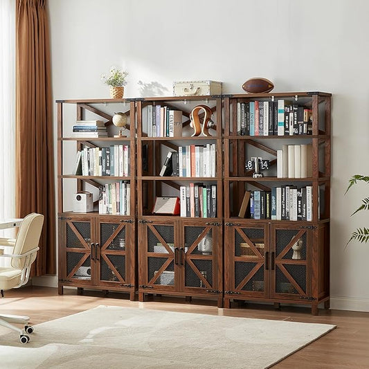 5 Tier Bookshelf 70" Tall Bookcase with Barn Doors,Large Farmhouse Display Book Shelf with Adjustable Shelves and Storage Cabinet，Library Wood Bookshelves for Living Room,Kitchen,Brown(3PCS)