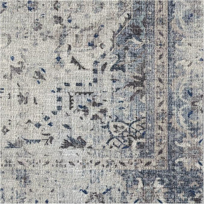 RUGGABLE Washable Vintage Area Rug – Sarrah Blue Quartz 8 ft Round, Stain-Resistant, Non-Slip – Large Machine Washable Rugs for Living Room, Bedroom, Hallway, Entryway & Office–with Standard Pad