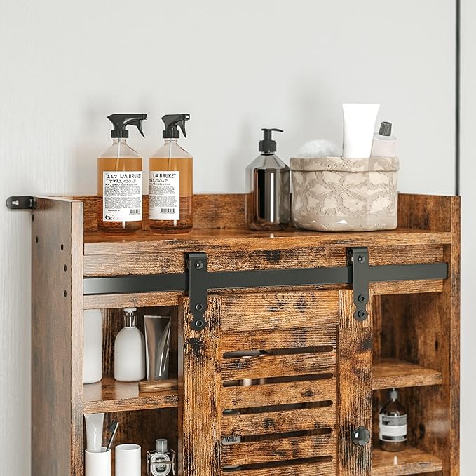 IRONCK Over The Toilet Storage Rack with Cabinet and Drawer, 6 Tier Bathroom Organizer Shelves Space Saver with Adjustable Shelf, Sliding Door, Paper Hook, Vintage Brown