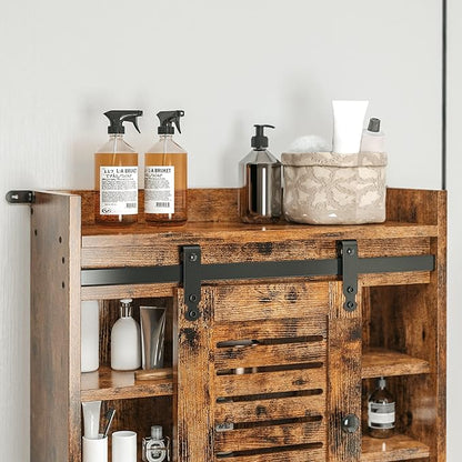 IRONCK Over The Toilet Storage Rack with Cabinet and Drawer, 6 Tier Bathroom Organizer Shelves Space Saver with Adjustable Shelf, Sliding Door, Paper Hook, Vintage Brown