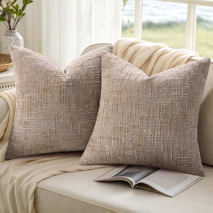 decorUhome Fall Oatmeal Chenille Throw Pillow Covers 20x20 Set of 2 Thick Textured Slubby Couch Pillow Covers Farmhouse Accent Modern Neutral Decorative Pillow Cases for Bed Sofa Living Room
