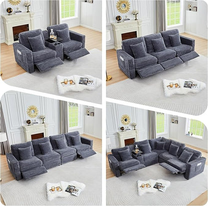Power Reclining Sectional Sofa, Electric 3 Seat Recliner with 3 Electric Footrest and Adjustable Headrest, Modern Plush Corduroy Fluffy Reclining Sectional with Deep Seat for Living Room-Blue Grey