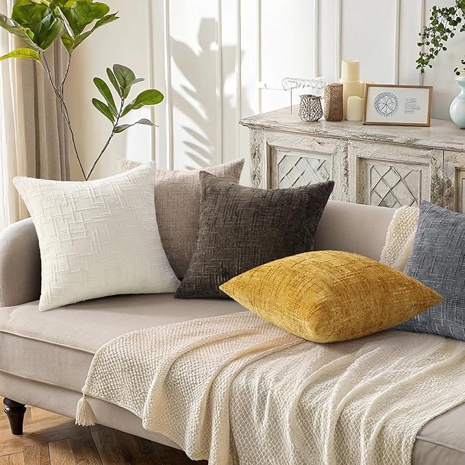decorUhome Mustard Yellow Chenille Throw Pillow Covers 22x22 Set of 2 Thick Textured Slubby Couch Pillow Covers Farmhouse Accent Modern Neutral Decorative Pillow Cases for Bed Sofa Living Room