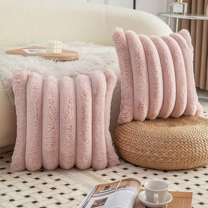 Neelvin Pink Faux Fur Cozy Soft Striped Decorative Throw Pillow Covers 24x24 inch Set of 2,Velvet Pillowcase Cushion Case for Sofa Couch