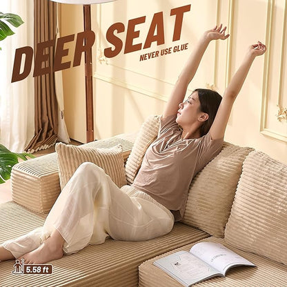 138" Boneless Couch with Deep Seat, Modular Sectional Sofa, Cloud Sectional Couch for Living Room, No Assembly Required, Corduroy, U-Shape 4 Seater Left, Camel