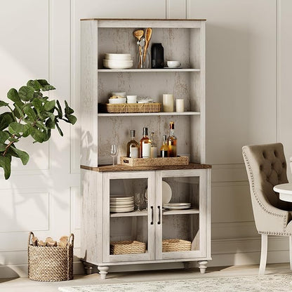 WAMPAT 5 Tier Bookshelf 72" Tall Bookcase with Glass Doors,Large Farmhouse Display Book Shelf with Adjustable Shelves and Storage Cabinet,Library Wood Bookshelves for Living Room,Kitchen, Rustic White