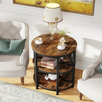 Tribesigns Half Round End Table for Living Room Set of 2, 3-Tier Half Side Table with Metal Frame, Industrial Half Moon Table, Half Circle Accent Table for Entryway, Bedroom, Rustic Brown
