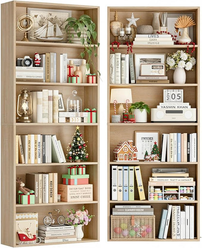 FOTOSOK 70.8" Tall Bookcase Shelf, 6 Tier Wide Bookshelf with Storage, Billy Bookcase Set of 2, Large Bookshelf for Living Room, Home Office,Light Oak