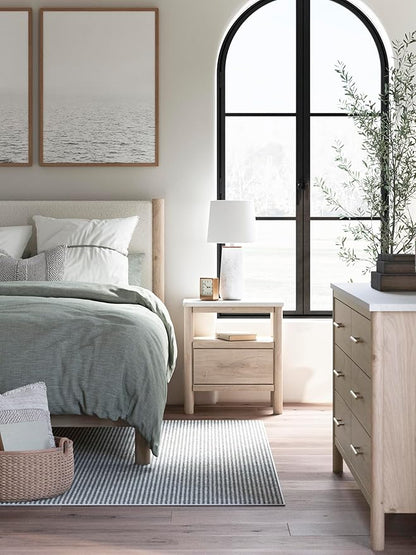 Signature Design by Ashley Cadmori Casual Bohemian Dresser with Post Legs and 6 Drawers, Replicated Marble Top, Wood, 35" High, White and Light Brown Finish