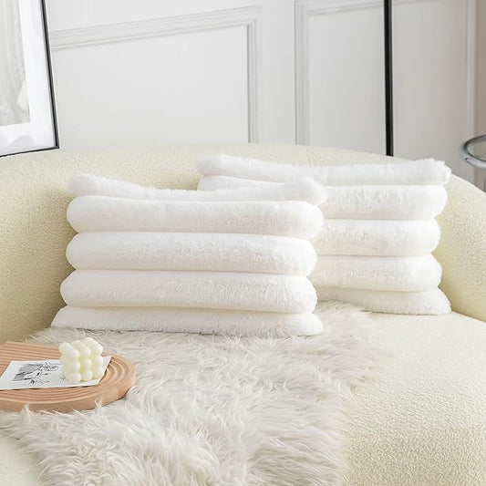 Neelvin Cream White Faux Fur Cozy Soft Striped Decorative Throw Pillow Covers 12x20 inch Set of 2,Velvet Pillowcase Cushion Case for Sofa Couch