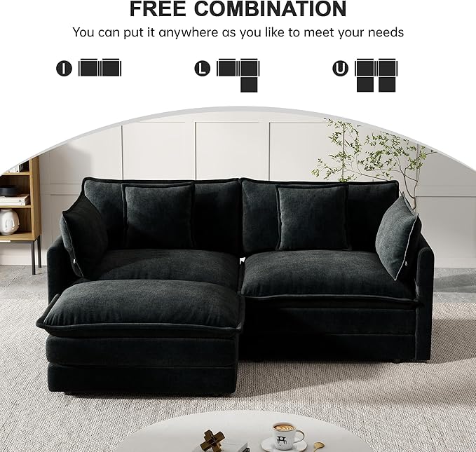 Modular Sectional Sofa, 76.7 Inch L-Shaped Cloud Sofa with Deep Seat Comfortable Chenille Sofa with Cushion Double Sectional Sofa for Living Room Apartment,Black