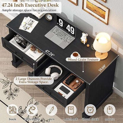 Farmhouse Executive Desk, 48 Inch Computer Desk with 2 Drawers, Simple Home Office Writing Desk Workstation for Bedroom Study Small Spaces, Black