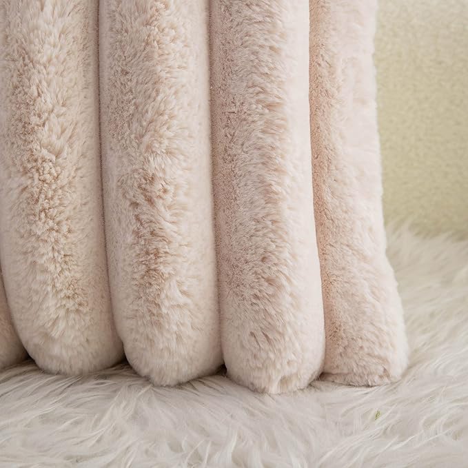 Neelvin Beige Faux Fur Cozy Soft Striped Decorative Throw Pillow Covers 12x20 inch Set of 2,Velvet Pillowcase Cushion Case for Sofa Couch