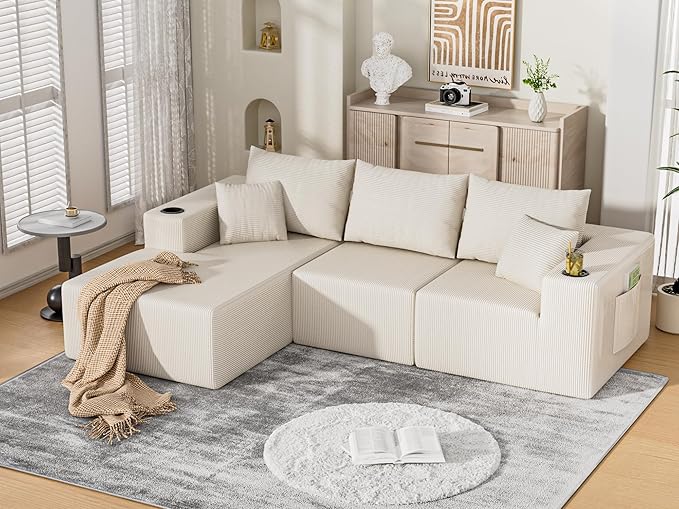 107" Cloud Sectional Couch, Modular Sectional Sofa with L-Shape Chaise, Corduroy Boneless Couch with Deep Seat, Upholstered Sofa for Living Room, No Assembly Required(Left-Facing Chaise, White)