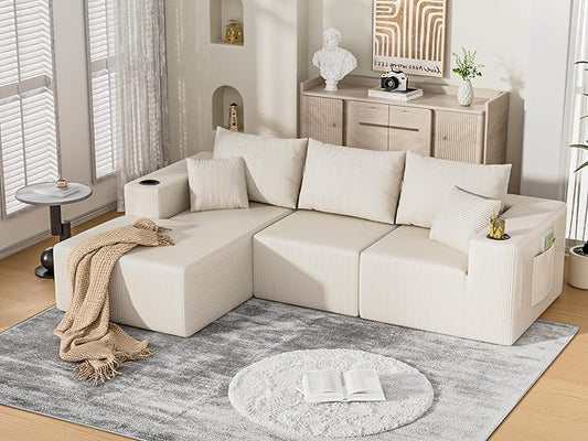 107" Cloud Sectional Couch, Modular Sectional Sofa with L-Shape Chaise, Corduroy Boneless Couch with Deep Seat, Upholstered Sofa for Living Room, No Assembly Required(Left-Facing Chaise, White)