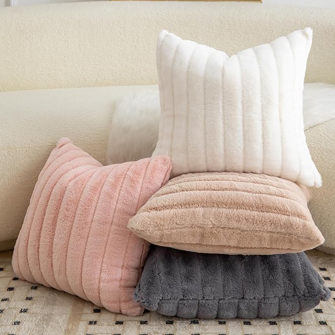 Pack of 2 Faux Fur Throw Pillow Covers 16x16 Inch Striped Decorative Soft Plush Couch Pillow Case Home Decor for Bed, Sofa, Living Room Cream White
