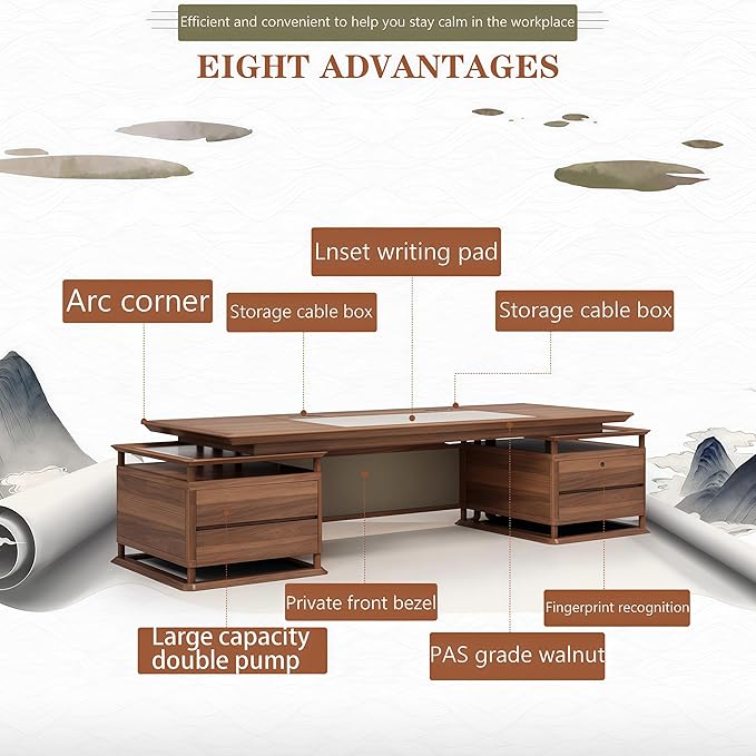 Executive Desk, 94.5 inch Executive Wood Desks L Shape Desk with Drawers with Drawers and Lockable Storage No Installation Required Without Display Racks and Bookshelves