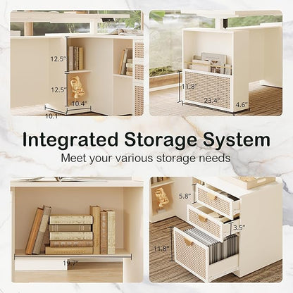63" Standing Desk with File Cabinet, Privacy Panel, AC/USB, 1.18" Desktop, Executive L Shaped Height Adjustable Desk, Electric Stand Up Table with 3 Drawers, White Rattan