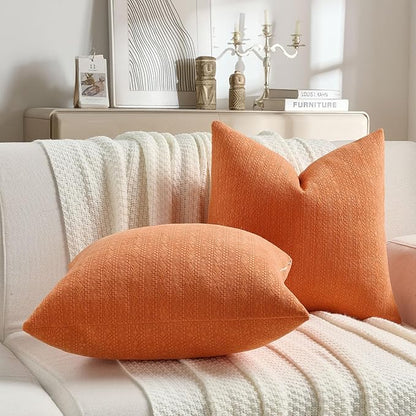 FUTEI Orange Chenille Throw Pillow Covers 12x20 Inch Set of 2,Soft Striped & Diamond Textured Lumbar Pillow Cases,Modern Home Decor for Couch Living Room