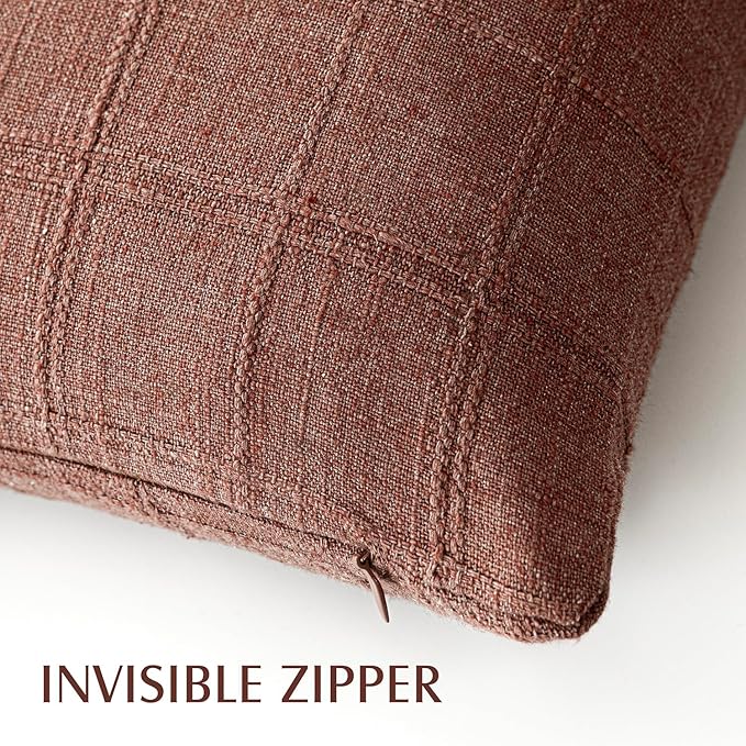 Foindtower Set of 2 Decorative Linen Check Throw Pillow Covers Neutral Farmhouse Vintage Cushion Covers Modern Boho Home Decor for Sofa Chair Couch Bedroom Living Room,16×16 Inch,Autumnal Red