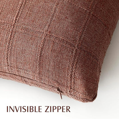Foindtower Set of 2 Decorative Linen Check Throw Pillow Covers Neutral Farmhouse Vintage Cushion Covers Modern Boho Home Decor for Sofa Chair Couch Bedroom Living Room,16×16 Inch,Autumnal Red