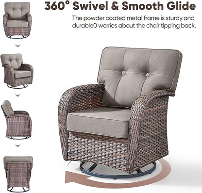 5-Piece Rotating Balcony Chair Set with 31-inch T-Shaped Wide backrest - Rattan Outdoor Rotating Balcony Chairs, Wide backrest Comfortable Outdoor Sliding Chair - Brown | Grey