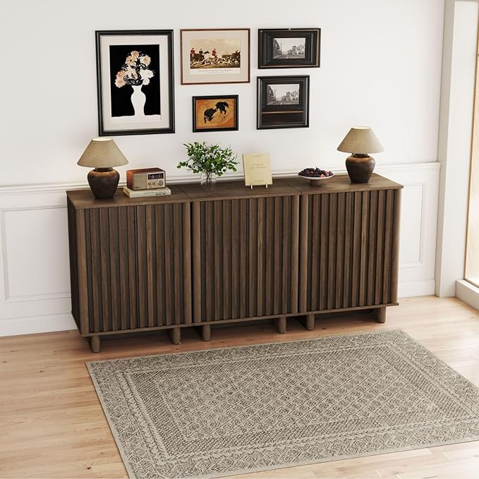 LukeAlon Fluted Sideboard Cabinet with Storage, Mid-Century Modern Accent Buffet Cabinet, 70" Wooden Credenza Cabinets for Living Room Dining Room Entryway Hallway, Walnut Color