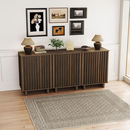 LukeAlon Fluted Sideboard Cabinet with Storage, Mid-Century Modern Accent Buffet Cabinet, 70" Wooden Credenza Cabinets for Living Room Dining Room Entryway Hallway, Walnut Color