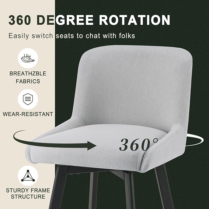 Swivel Bar Stools Set of 4, 30''H Upholstered Barstools with Backs, Modern Counter Height Bar Stool Chairs for Kitchen Island, Metal Legs, Fabric, Light Gray Counter Stools
