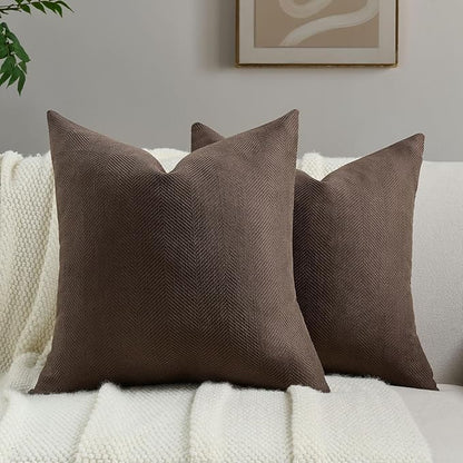 FUTEI Dark Coffee Chenille Throw Pillow Covers 16x16 Inch Set of 2,Soft Wide Chevron Textured Cushion Case,Farmhouse Home Decor for Couch Bed Living Room