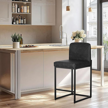 ALPHA HOME Counter Height Bar Stools, 24” Kitchen Counter Stools Set of 1, Pu Leather Kitchen Modern Bar Chairs with Back&Footrest, Sturdy Chromed Metal Steel Frame, Black