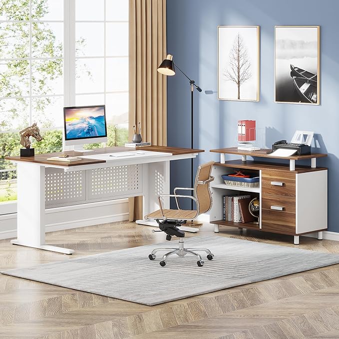 Tribesigns 63 Inch Executive Desk with File Cabinet, L Shaped Office Desk with Drawers and Storage Shelves, Business Furniture Set Workstation for Home Office, White and Walnut