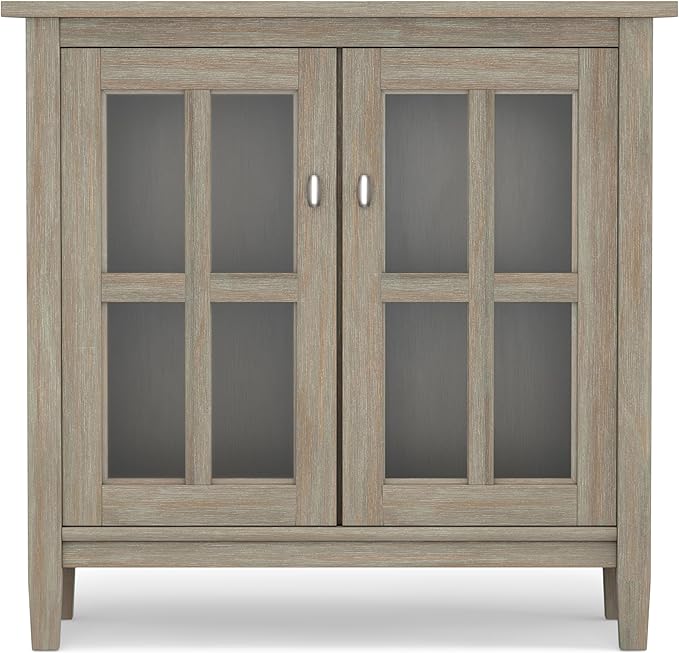 SIMPLIHOME Warm Shaker SOLID WOOD 32 inch Wide Transitional Low Storage Cabinet in Distressed Grey for the Living Room, Entryway and Family Room