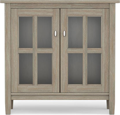 SIMPLIHOME Warm Shaker SOLID WOOD 32 inch Wide Transitional Low Storage Cabinet in Distressed Grey for the Living Room, Entryway and Family Room