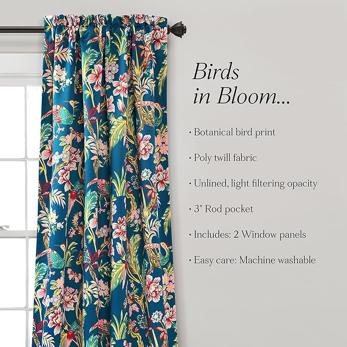 Lush Decor Dolores Light Filtering Window Panels, Pair, 52" W x 108" L, Navy & Multi - Floral Curtains for Bedroom - Vintage Curtains - Coquette Room Decor