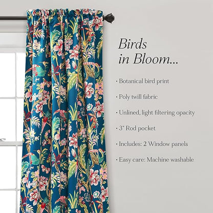 Lush Decor Dolores Light Filtering Window Panels, Pair, 52" W x 108" L, Navy & Multi - Floral Curtains for Bedroom - Vintage Curtains - Coquette Room Decor