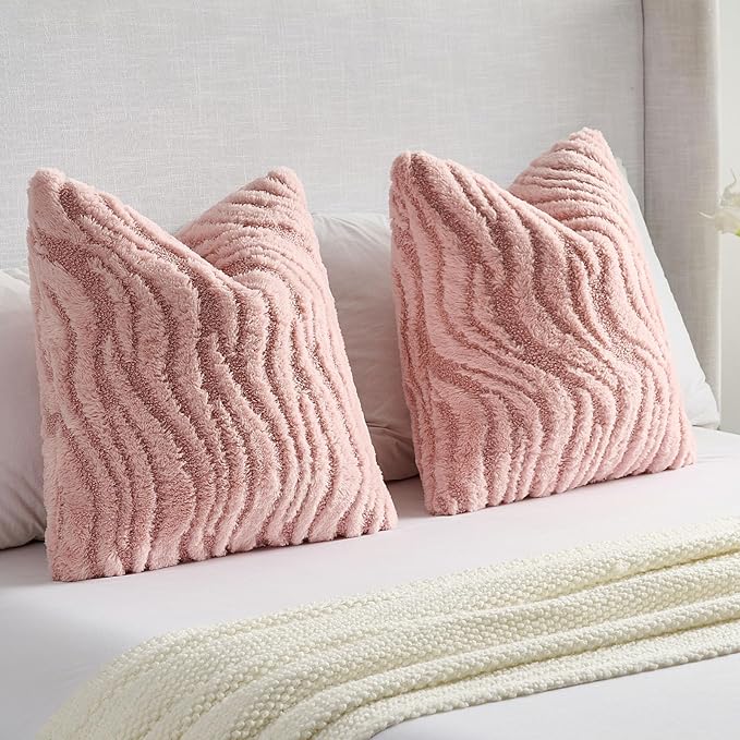 FUTEI Pink Decorative Throw Pillow Covers 20x20 Inch Set of 2,Soft Faux Fur Geometric Shapes Texture Cushion Case,Boho Home Decor for Couch Bed Living Room