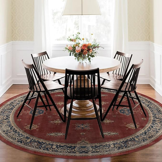 RUGGABLE Washable Vintage Area Rug – Verena Amber Red 8 ft Round, Stain-Resistant, Non-Slip – Large Machine Washable Rugs for Living Room, Bedroom, Hallway, Entryway & Office–with Cushioned Pad