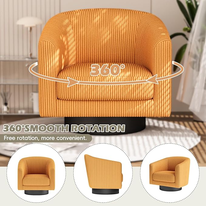 360° Swivel Accent Chairs Set of 2, Modern Bucket Chair, Corduroy Barrel Armchair, Comfy Boucle Chair, Single Sofa for Living Room Bedroom. Orange
