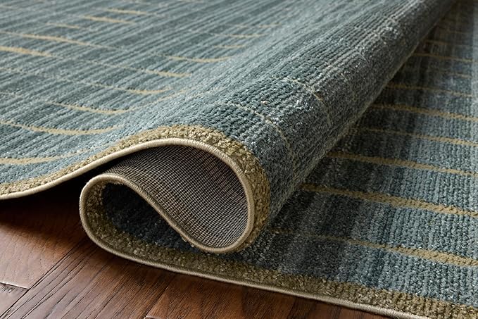Loloi Chris Loves Julia Calvin Collection CLV-02 Ocean/Olive 7'-10" x 7'-10" Round Area Rug Checkered Neutral Soft Living Room Bedroom Carpet