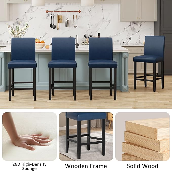 LSSPAID Counter Height Bar Stools Set of 2, 24.8 Inch Upholstered PU Leather Barstools, Modern Kitchen Island Chairs with Backrest and Solid Wood Legs, Navy Blue
